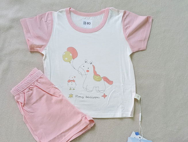 Cute Pony Balloon Printed Baby Two-Piece Set - Baby Pink
