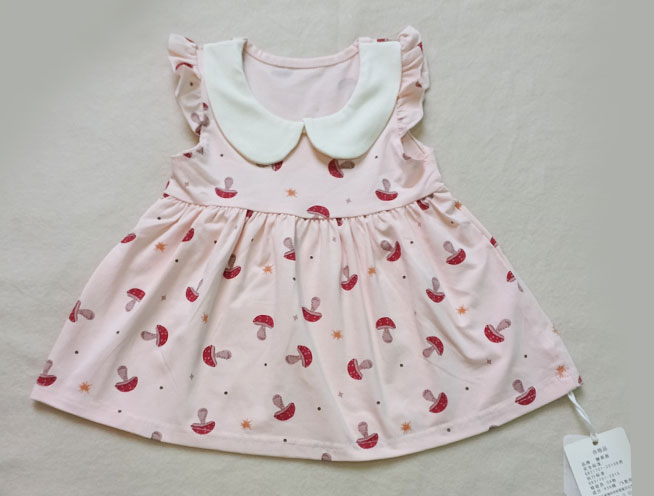 Cute Mushroom Printed Collared Summer Frock for Little Girls - Baby Pink and Off-White