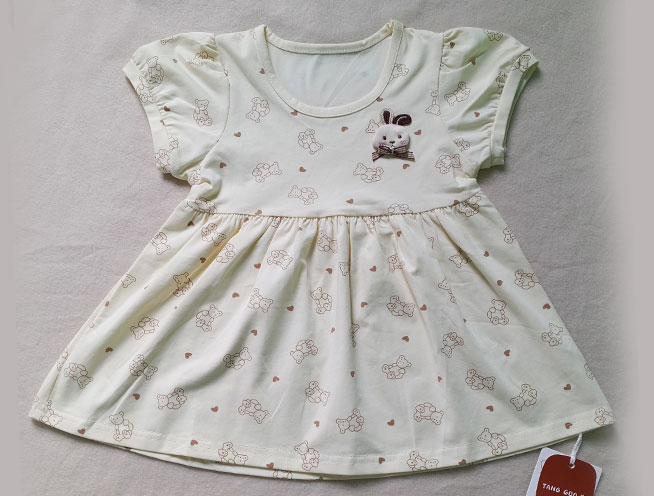 Cute Bear Printed Cotton Summer Frock for Little Girls - Off-White